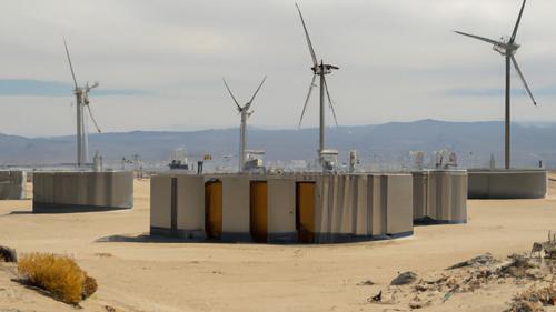 Wind turbines and a building in a desert landscape